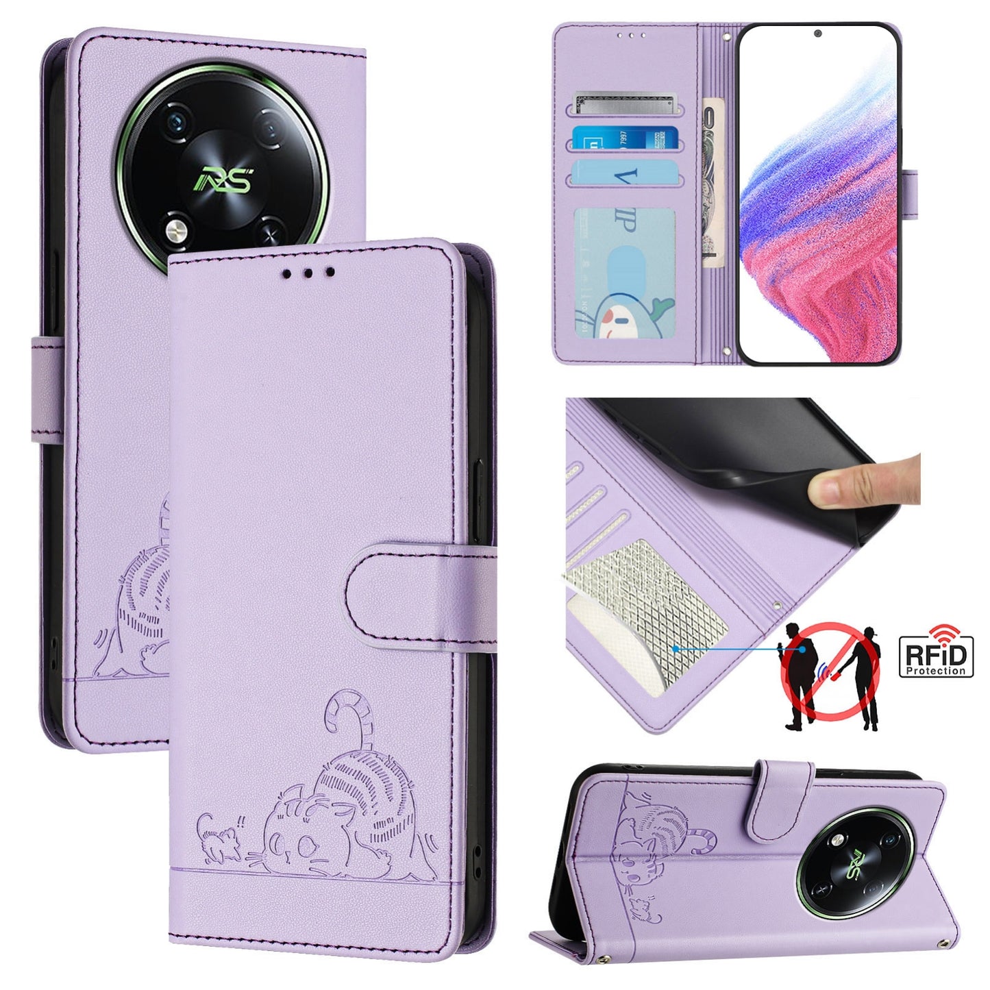 itel RS4 Cat and Rat Embossed Pattern, RFID Leather Phone Case with Lanyard, Kickstand, and Wallet Features