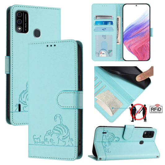 itel A48 Cat and Rat Embossed Pattern, RFID Leather Phone Case with Lanyard, Kickstand, and Wallet Features