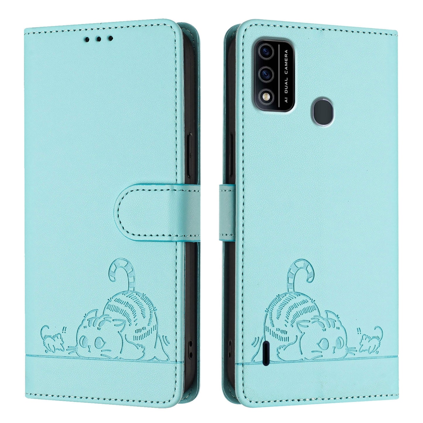 itel A48 Cat and Rat Embossed Pattern, RFID Leather Phone Case with Lanyard, Kickstand, and Wallet Features