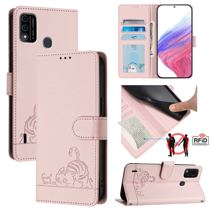 itel A48 Cat and Rat Embossed Pattern, RFID Leather Phone Case with Lanyard, Kickstand, and Wallet Features