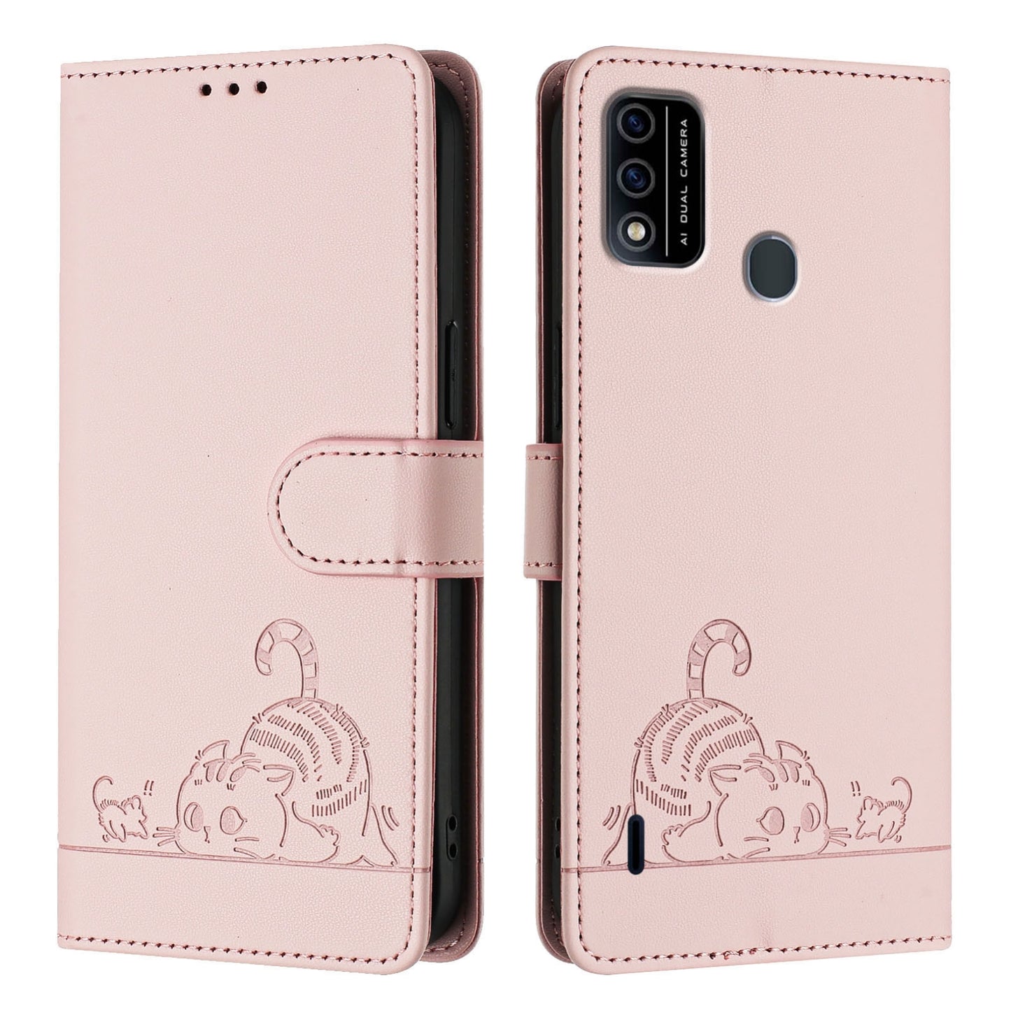 itel A48 Cat and Rat Embossed Pattern, RFID Leather Phone Case with Lanyard, Kickstand, and Wallet Features