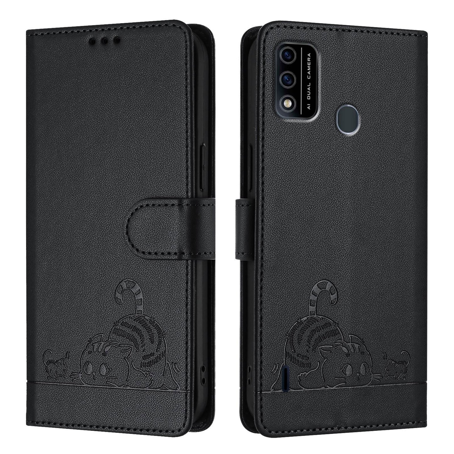 itel A48 Cat and Rat Embossed Pattern, RFID Leather Phone Case with Lanyard, Kickstand, and Wallet Features