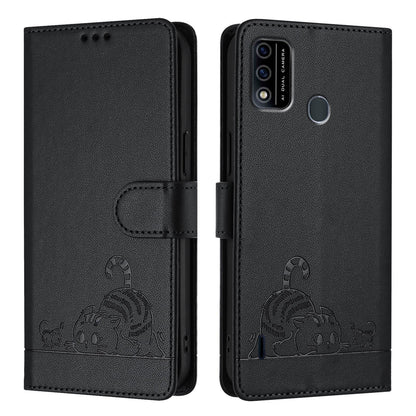 itel A48 Cat and Rat Embossed Pattern, RFID Leather Phone Case with Lanyard, Kickstand, and Wallet Features