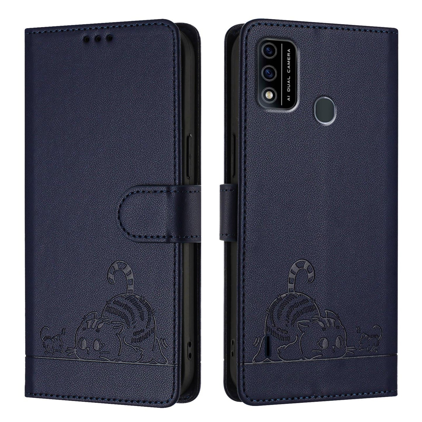 itel A48 Cat and Rat Embossed Pattern, RFID Leather Phone Case with Lanyard, Kickstand, and Wallet Features