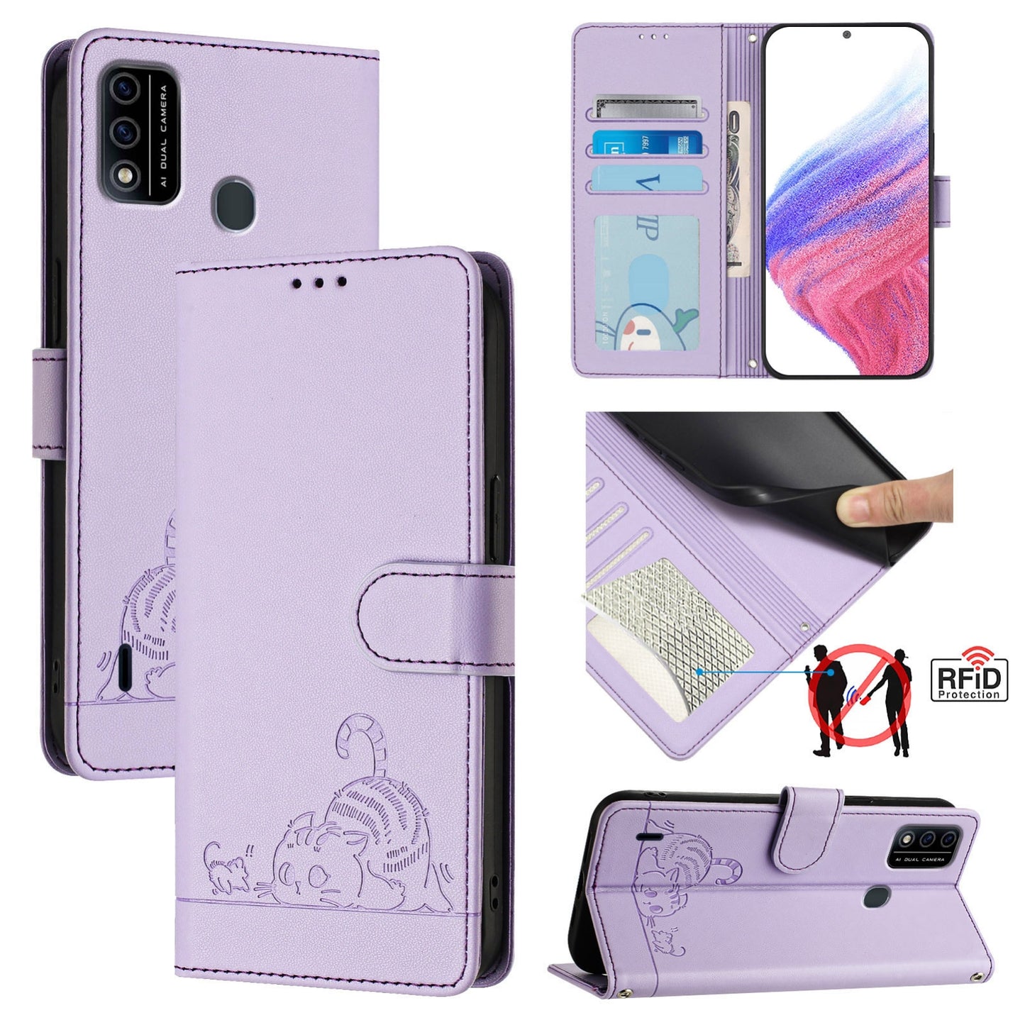 itel A48 Cat and Rat Embossed Pattern, RFID Leather Phone Case with Lanyard, Kickstand, and Wallet Features