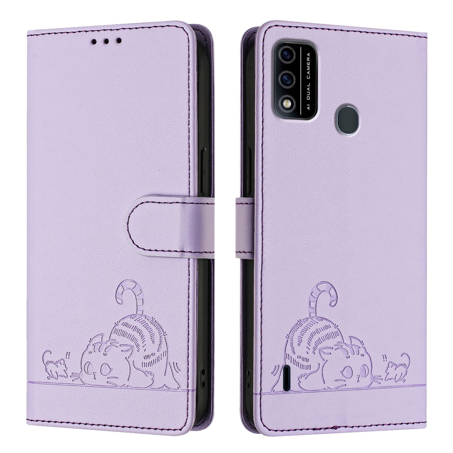 itel A48 Cat and Rat Embossed Pattern, RFID Leather Phone Case with Lanyard, Kickstand, and Wallet Features