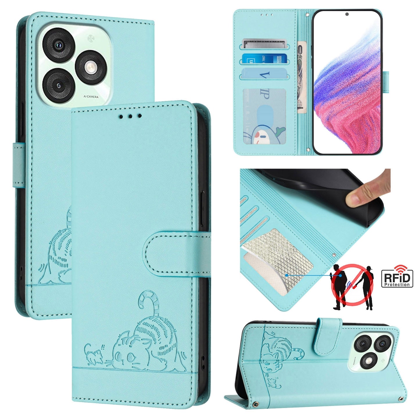 itel A50 Cat and Rat Embossed Pattern, RFID Leather Phone Case with Lanyard, Kickstand, and Wallet Features