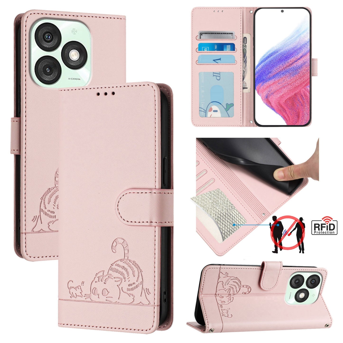 itel A50 Cat and Rat Embossed Pattern, RFID Leather Phone Case with Lanyard, Kickstand, and Wallet Features