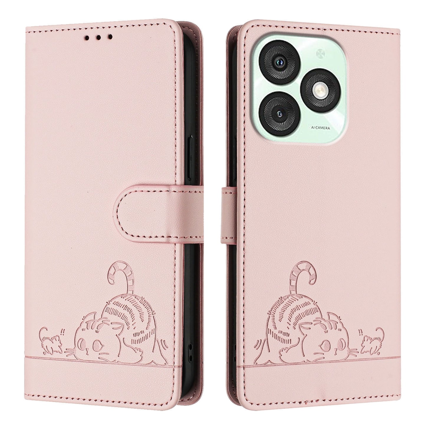 itel A50 Cat and Rat Embossed Pattern, RFID Leather Phone Case with Lanyard, Kickstand, and Wallet Features
