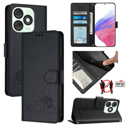 itel A50 Cat and Rat Embossed Pattern, RFID Leather Phone Case with Lanyard, Kickstand, and Wallet Features