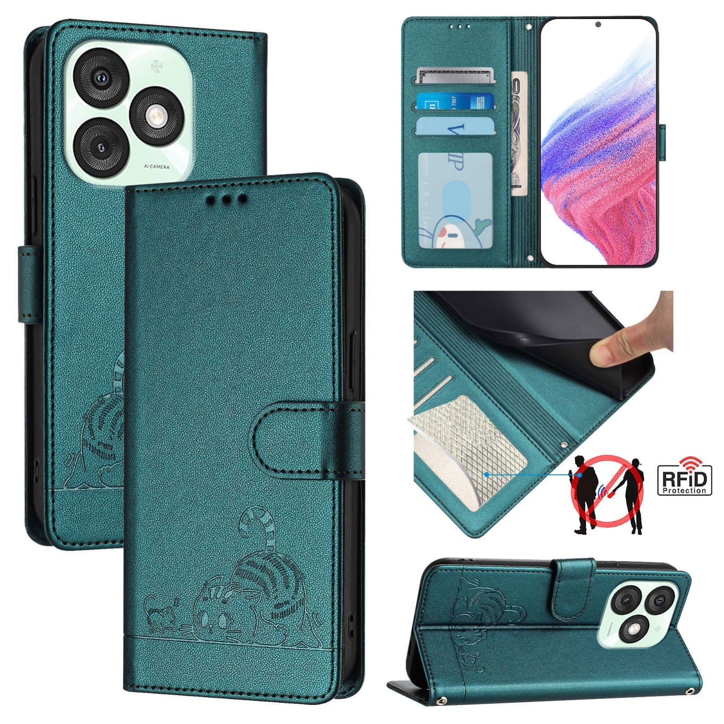 itel A50 Cat and Rat Embossed Pattern, RFID Leather Phone Case with Lanyard, Kickstand, and Wallet Features