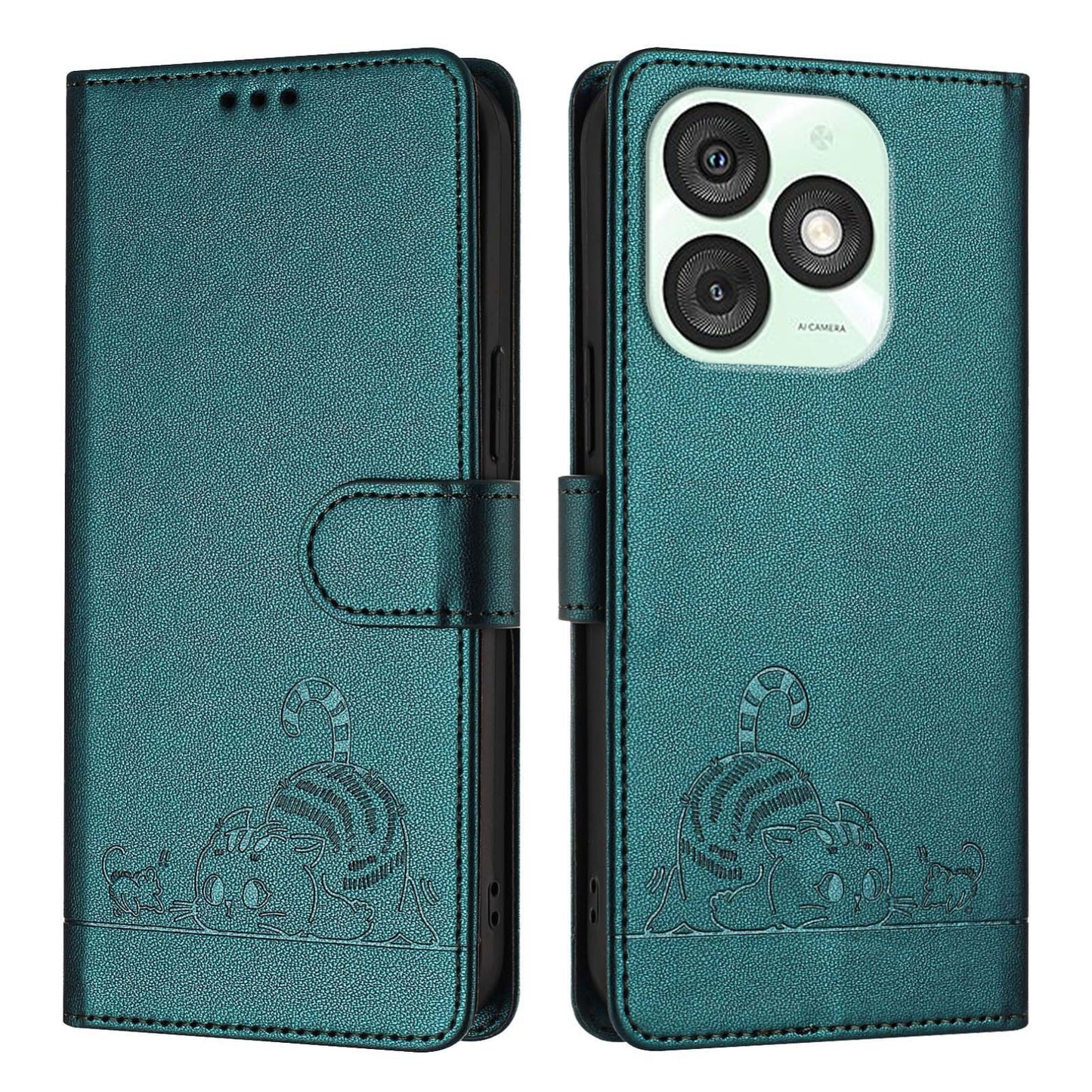 itel A50 Cat and Rat Embossed Pattern, RFID Leather Phone Case with Lanyard, Kickstand, and Wallet Features