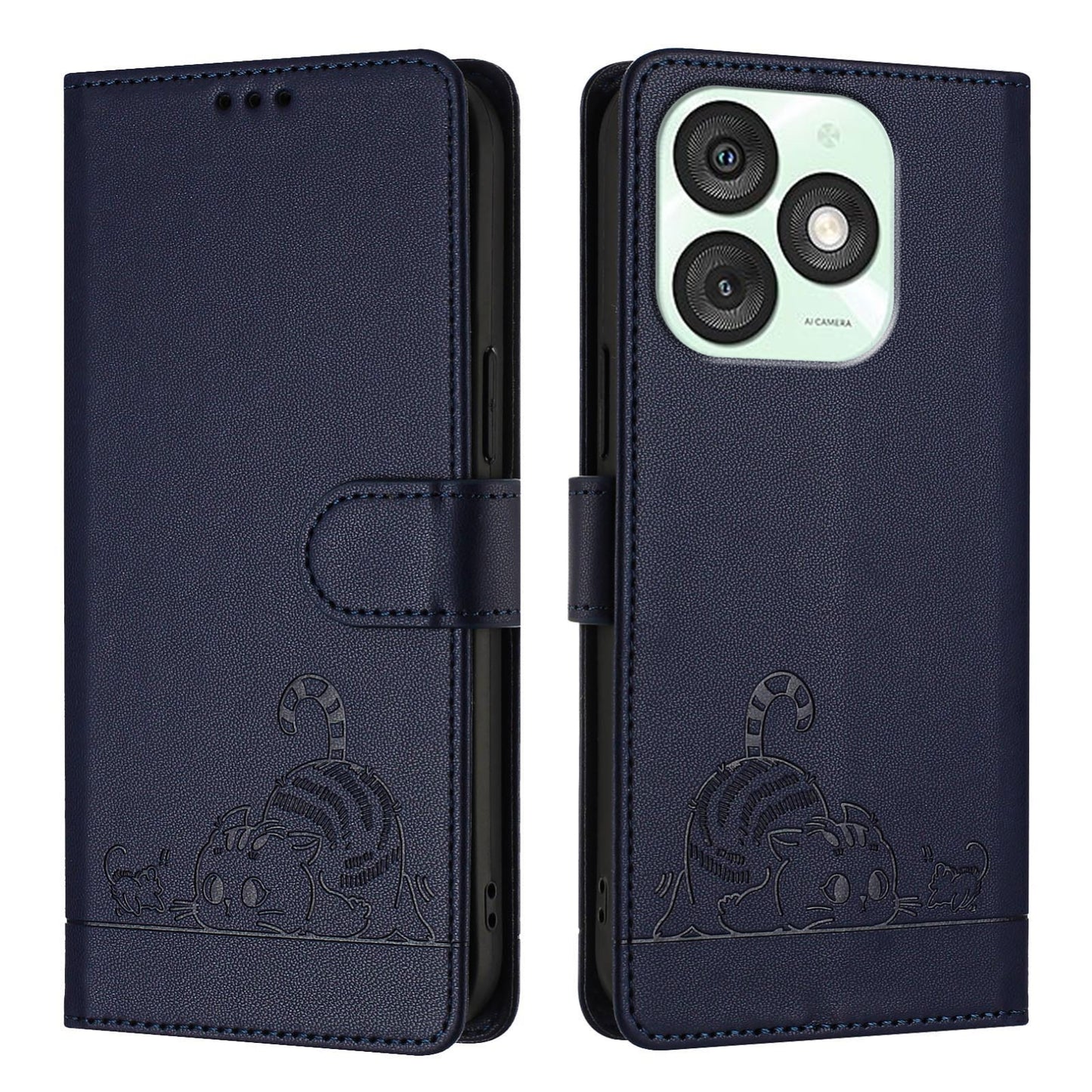 itel A50 Cat and Rat Embossed Pattern, RFID Leather Phone Case with Lanyard, Kickstand, and Wallet Features