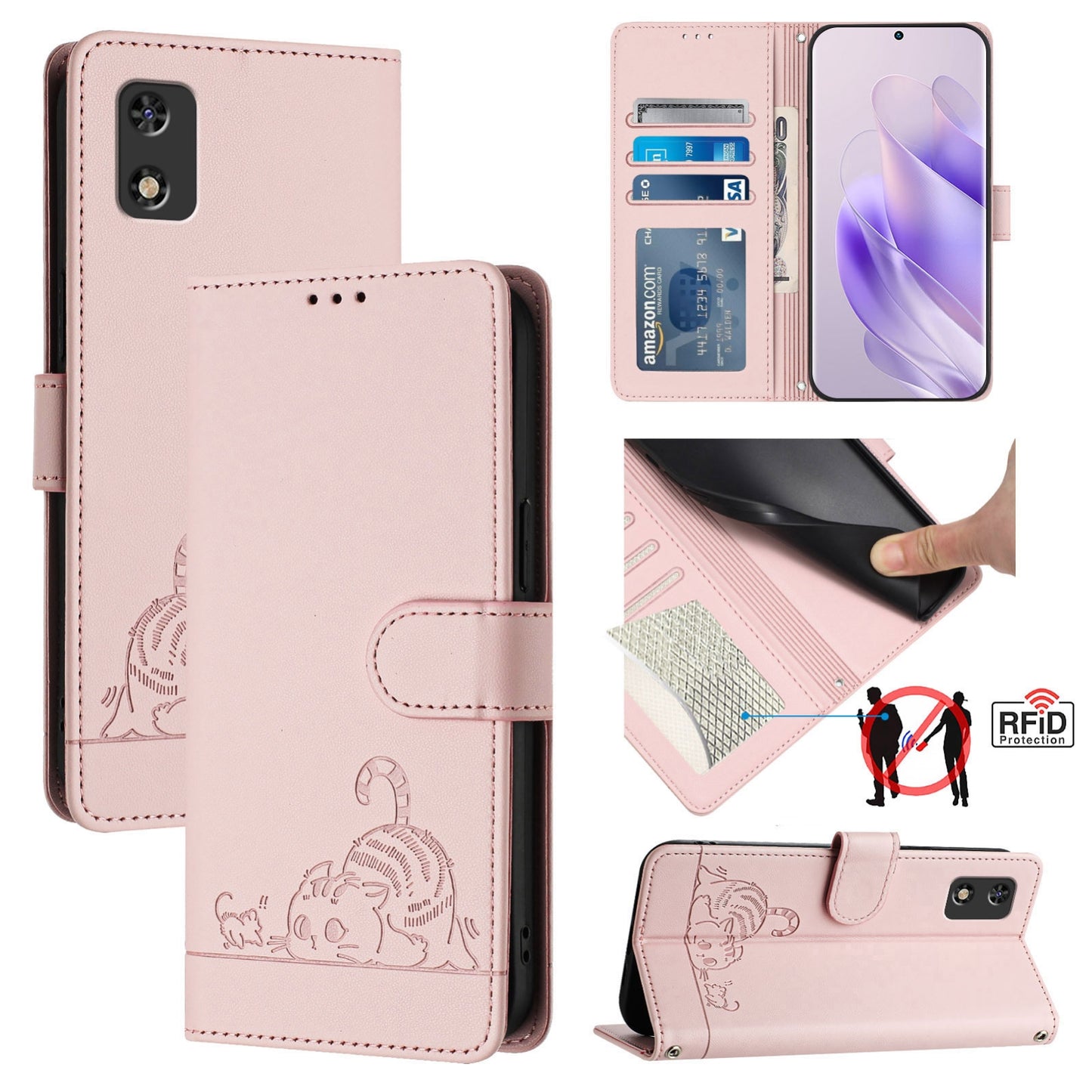 Tecno POP 5C Cat and Rat Embossed Pattern, RFID Leather Phone Case with Lanyard, Kickstand, and Wallet Features