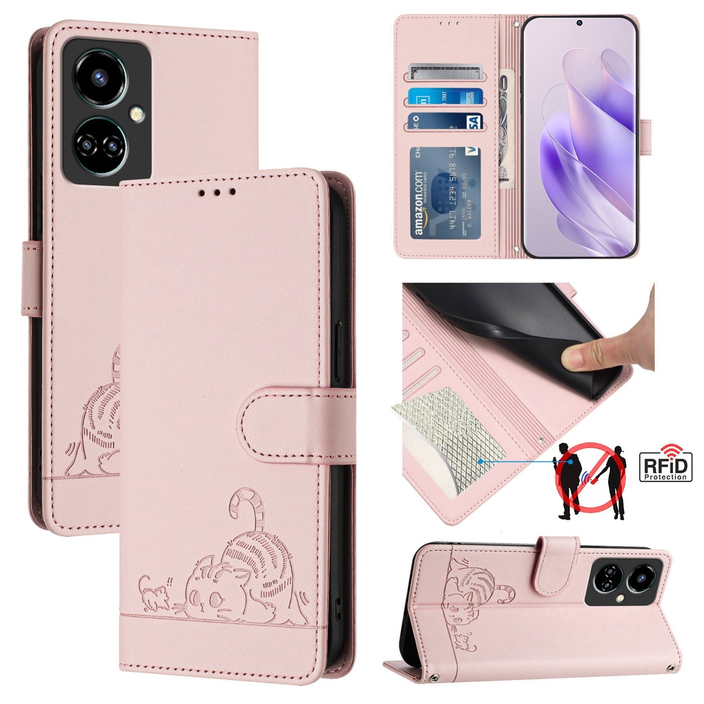 Tecno Camon 19 Cat and Rat Embossed Pattern, RFID Leather Phone Case with Lanyard, Kickstand, and Wallet Features