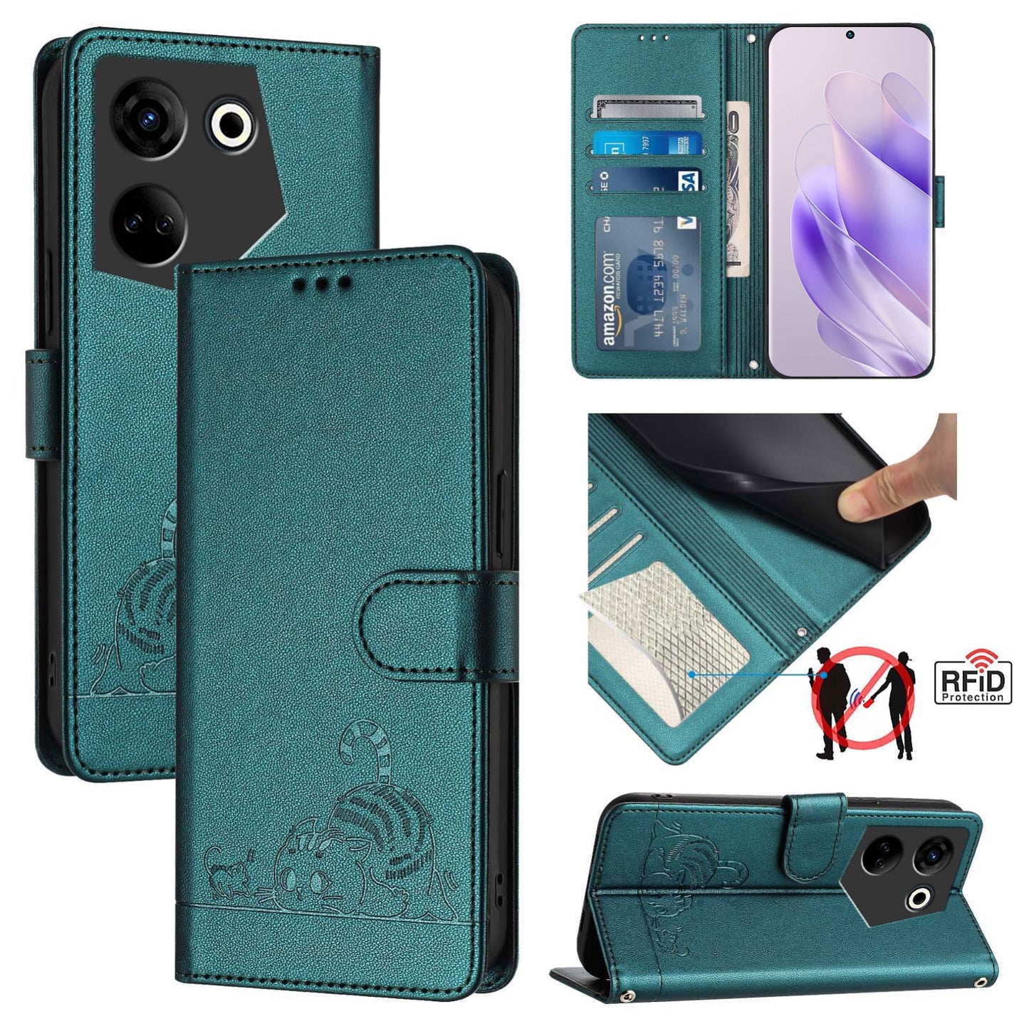 Tecno Camon 20 Cat and Rat Embossed Pattern, RFID Leather Phone Case with Lanyard, Kickstand, and Wallet Features