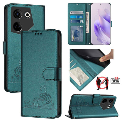 Tecno Camon 20 Pro 4G Cat and Rat Embossed Pattern, RFID Leather Phone Case with Lanyard, Kickstand, and Wallet Features