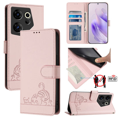 Tecno Camon 20 Premier 5G Cat and Rat Embossed Pattern, RFID Leather Phone Case with Lanyard, Kickstand, and Wallet Features