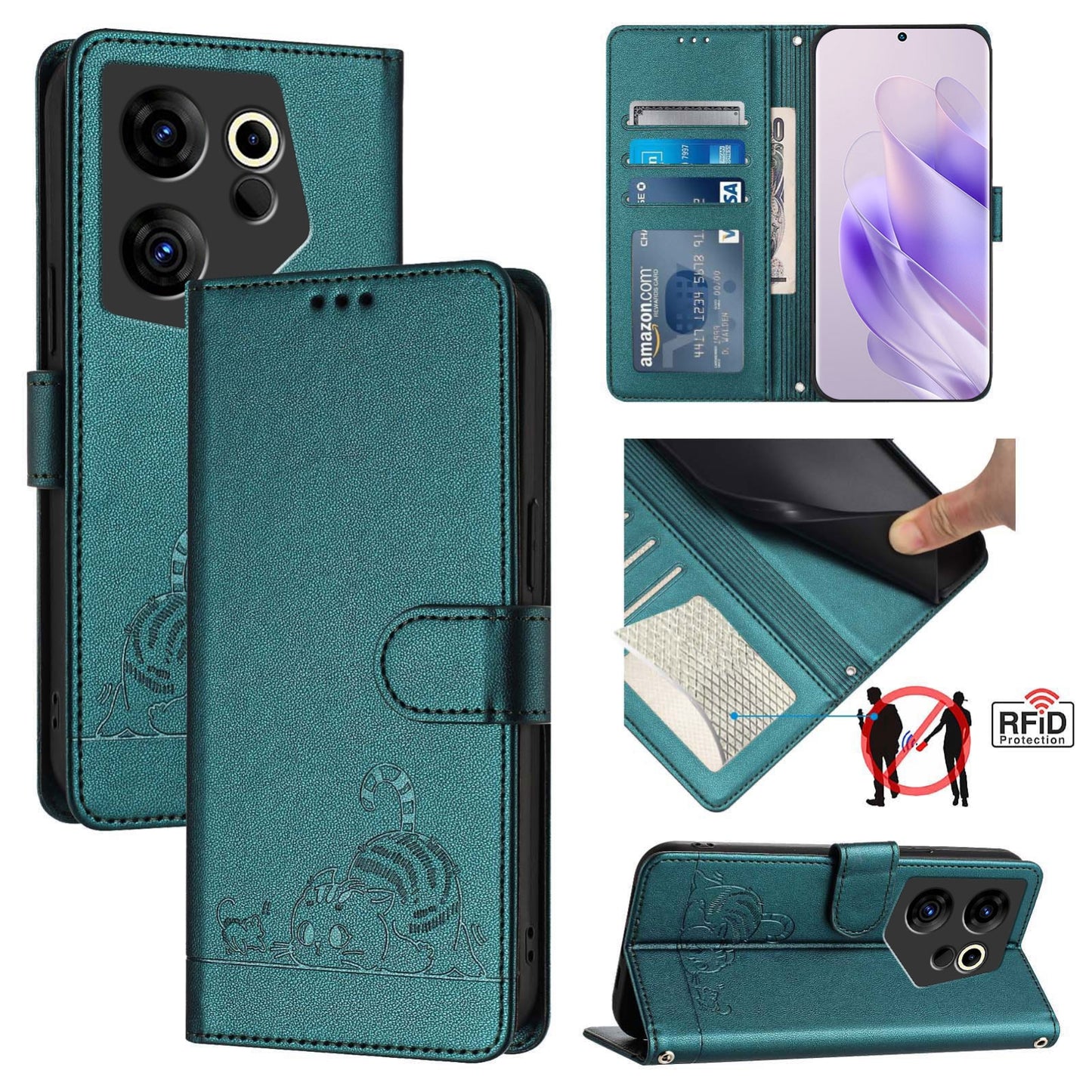 Tecno Camon 20 Premier 5G Cat and Rat Embossed Pattern, RFID Leather Phone Case with Lanyard, Kickstand, and Wallet Features