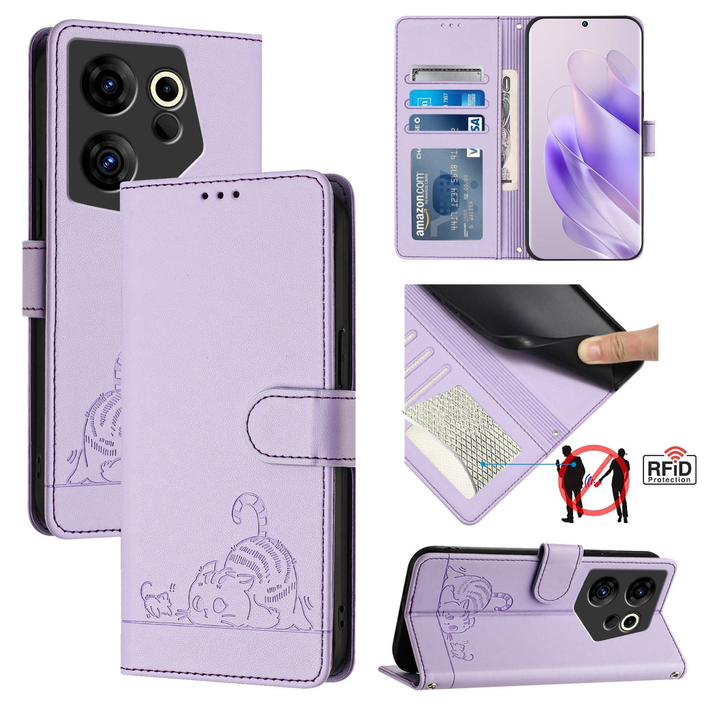 Tecno Camon 20 Premier 5G Cat and Rat Embossed Pattern, RFID Leather Phone Case with Lanyard, Kickstand, and Wallet Features