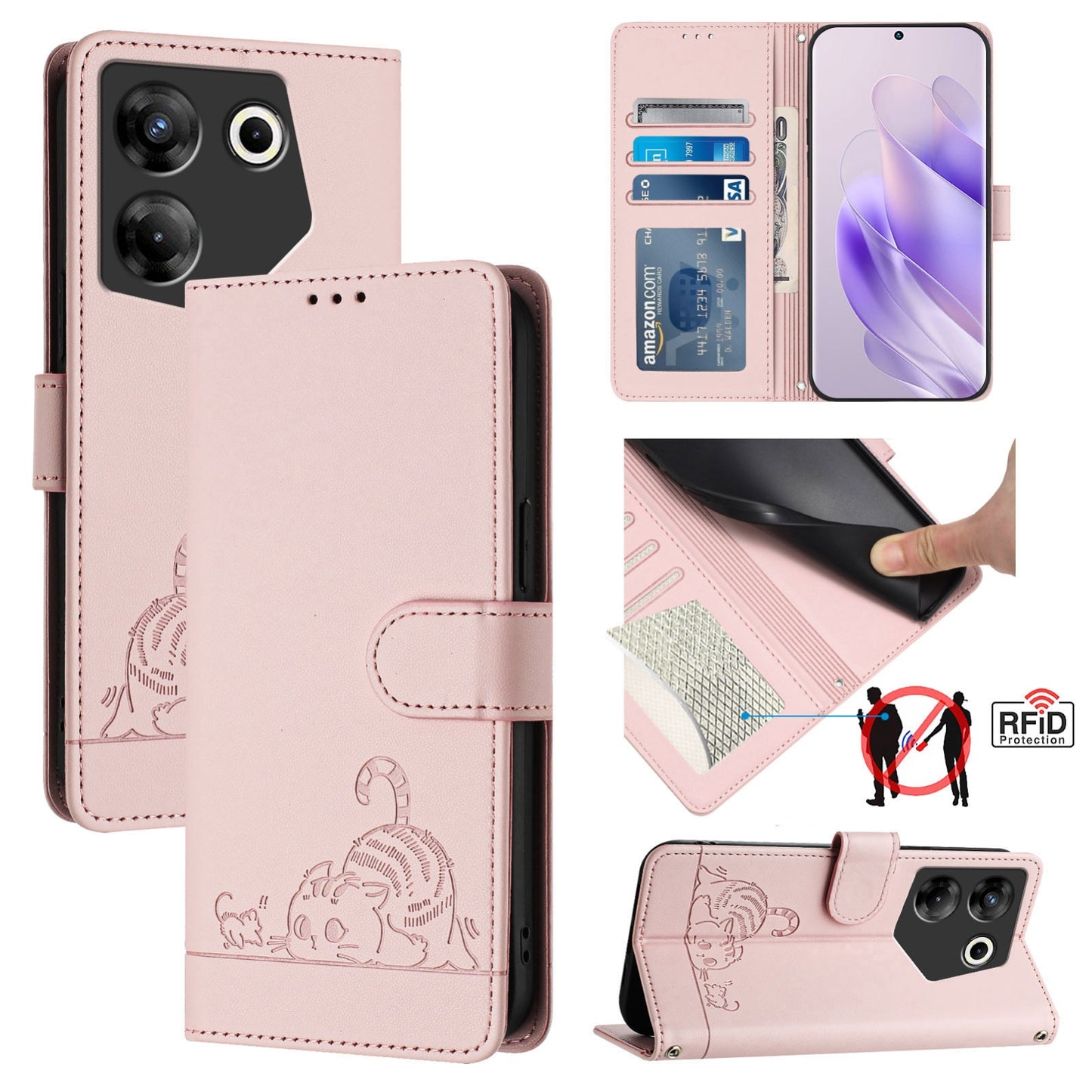 Tecno Camon 20 Pro 5G Cat and Rat Embossed Pattern, RFID Leather Phone Case with Lanyard, Kickstand, and Wallet Features