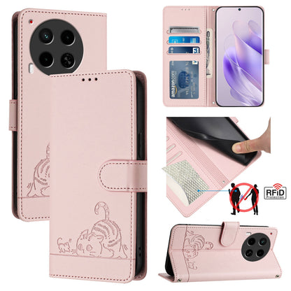 Tecno Camon 30 5G CL7 Cat and Rat Embossed Pattern, RFID Leather Phone Case with Lanyard, Kickstand, and Wallet Features