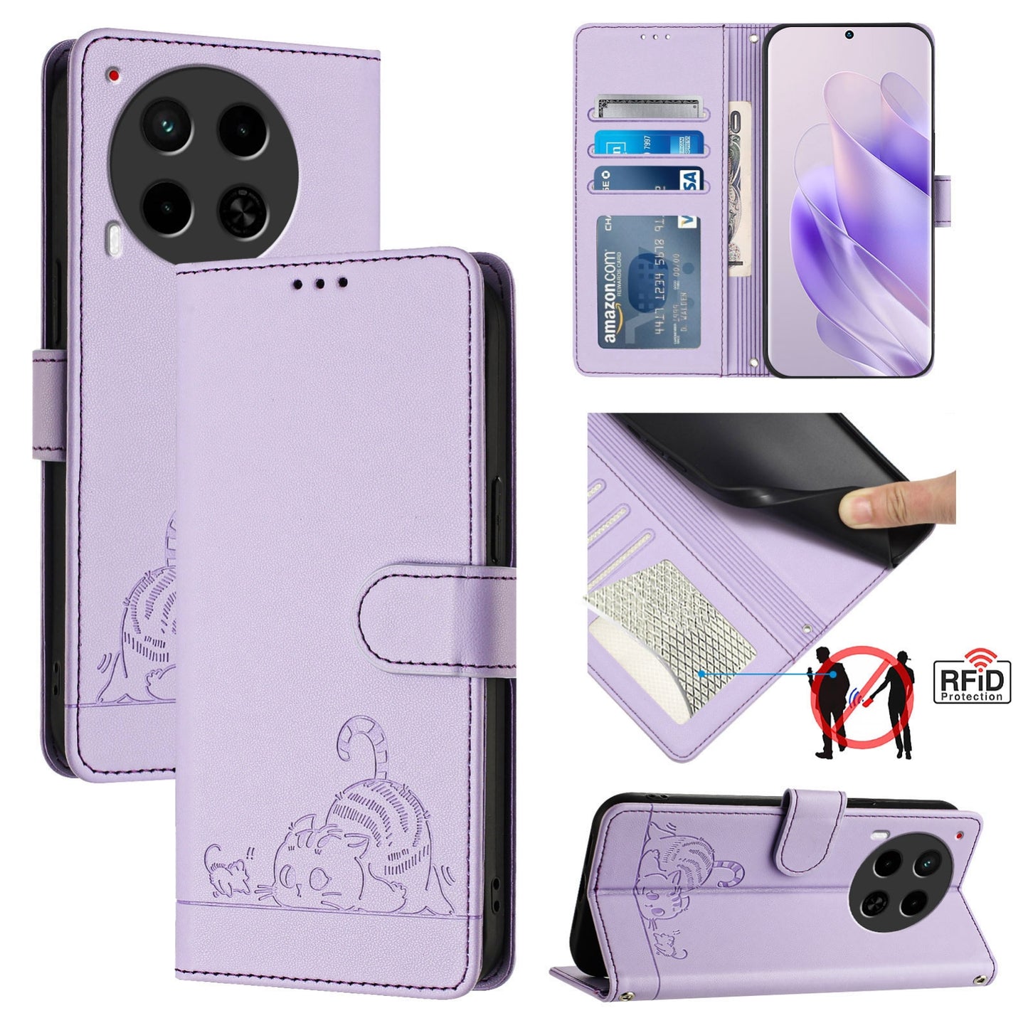 Tecno Camon 30 5G CL7 Cat and Rat Embossed Pattern, RFID Leather Phone Case with Lanyard, Kickstand, and Wallet Features