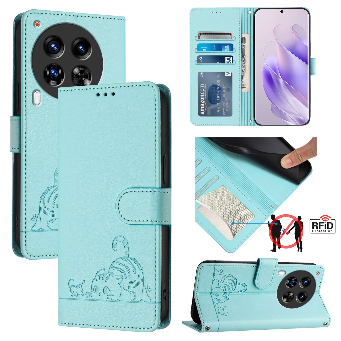 Tecno Camon 30 Premier 5G cl9 Cat and Rat Embossed Pattern, RFID Leather Phone Case with Lanyard, Kickstand, and Wallet Features