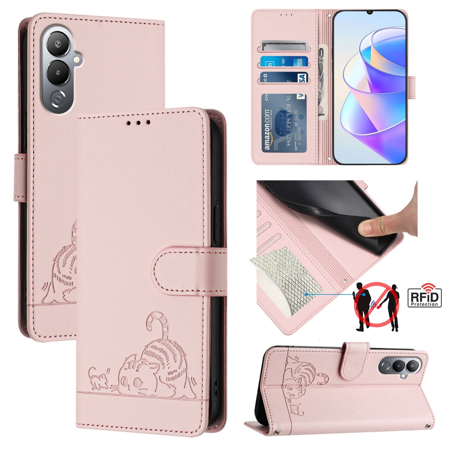 Tecno POVA 4 Cat and Rat Embossed Pattern, RFID Leather Phone Case with Lanyard, Kickstand, and Wallet Features