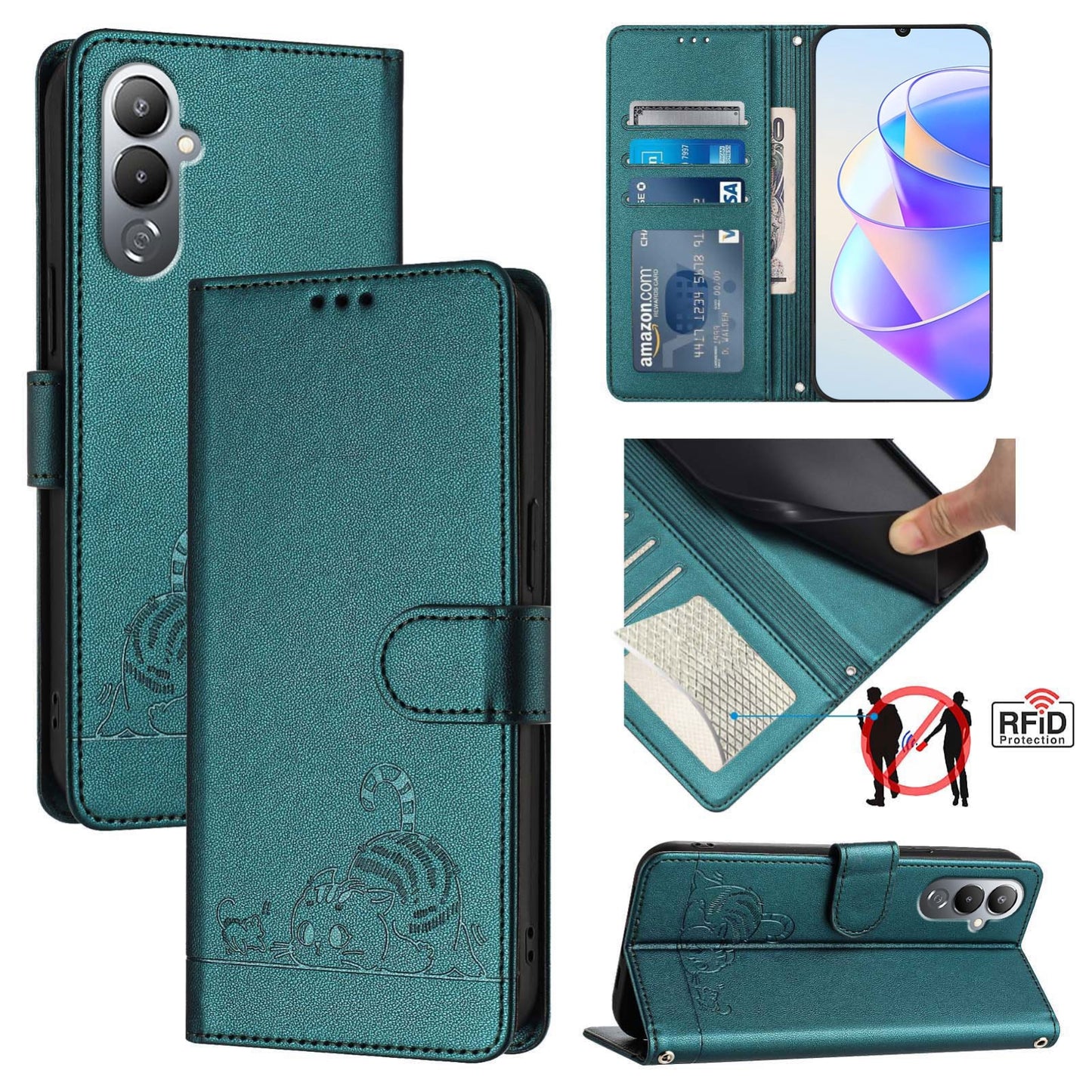 Tecno POVA 4 Cat and Rat Embossed Pattern, RFID Leather Phone Case with Lanyard, Kickstand, and Wallet Features