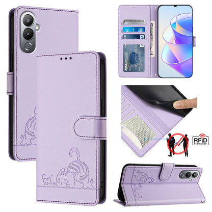 Tecno POVA 4 Cat and Rat Embossed Pattern, RFID Leather Phone Case with Lanyard, Kickstand, and Wallet Features