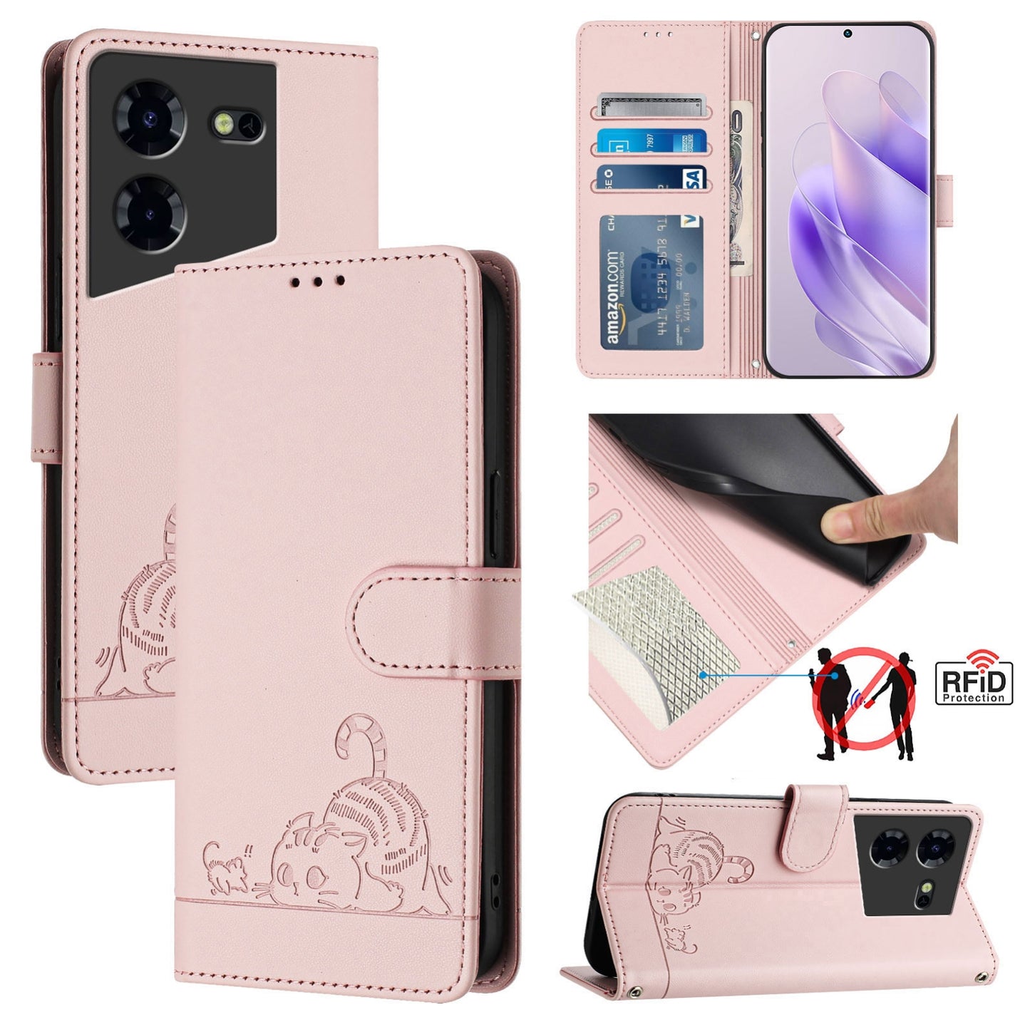 Tecno Pova 5 4G Cat and Rat Embossed Pattern, RFID Leather Phone Case with Lanyard, Kickstand, and Wallet Features