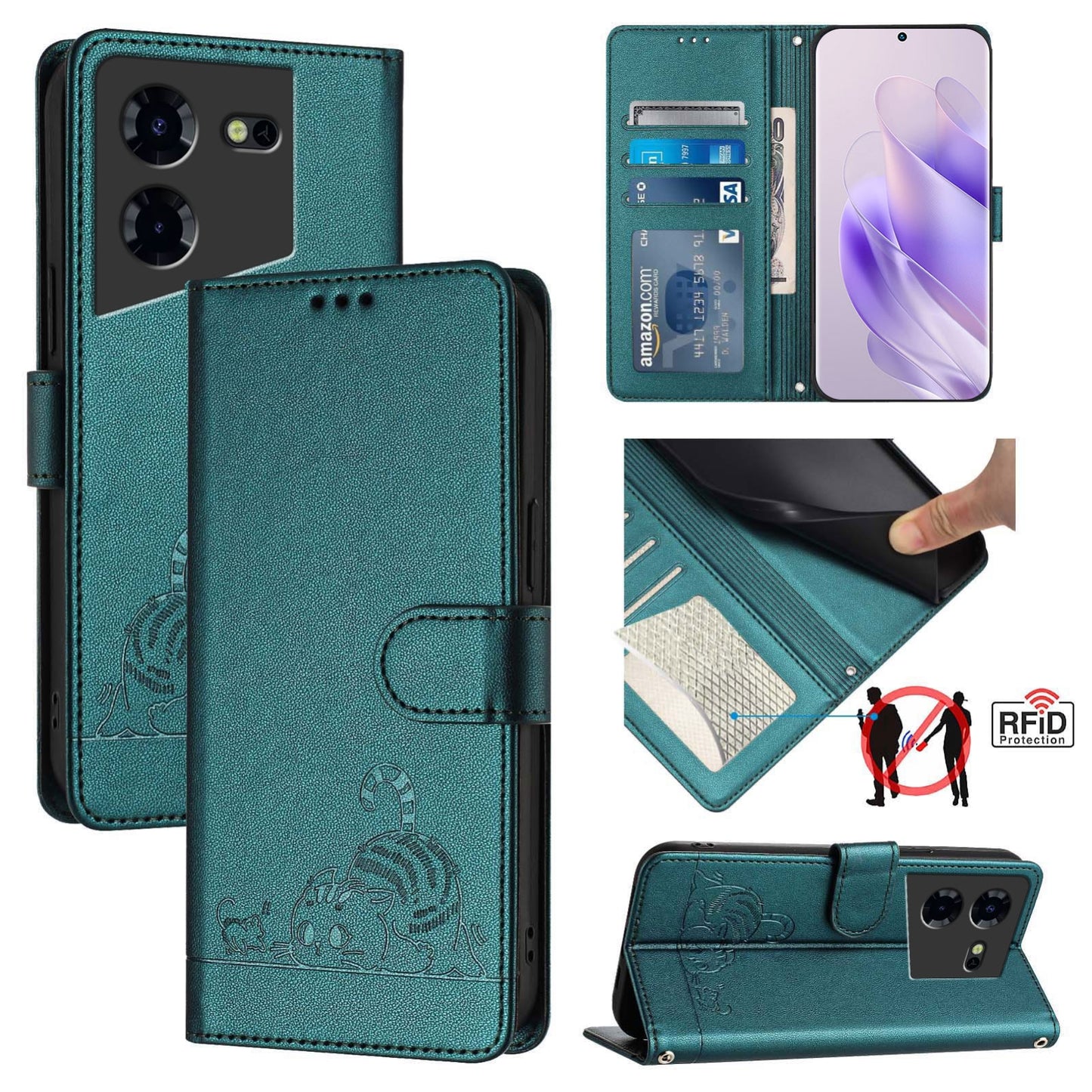 Tecno Pova 5 4G Cat and Rat Embossed Pattern, RFID Leather Phone Case with Lanyard, Kickstand, and Wallet Features