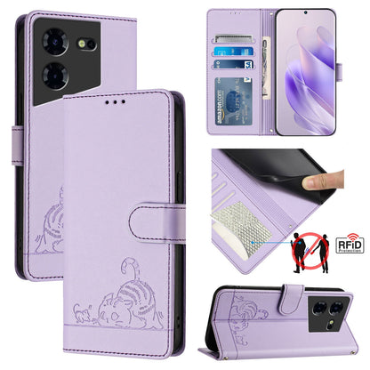 Tecno Pova 5 4G Cat and Rat Embossed Pattern, RFID Leather Phone Case with Lanyard, Kickstand, and Wallet Features