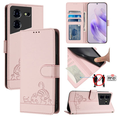 Tecno Pova 5 Pro 5G Cat and Rat Embossed Pattern, RFID Leather Phone Case with Lanyard, Kickstand, and Wallet Features