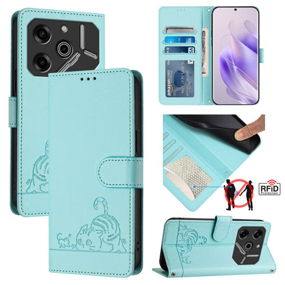 Tecno Pova 6 Pro li9 Cat and Rat Embossed Pattern, RFID Leather Phone Case with Lanyard, Kickstand, and Wallet Features