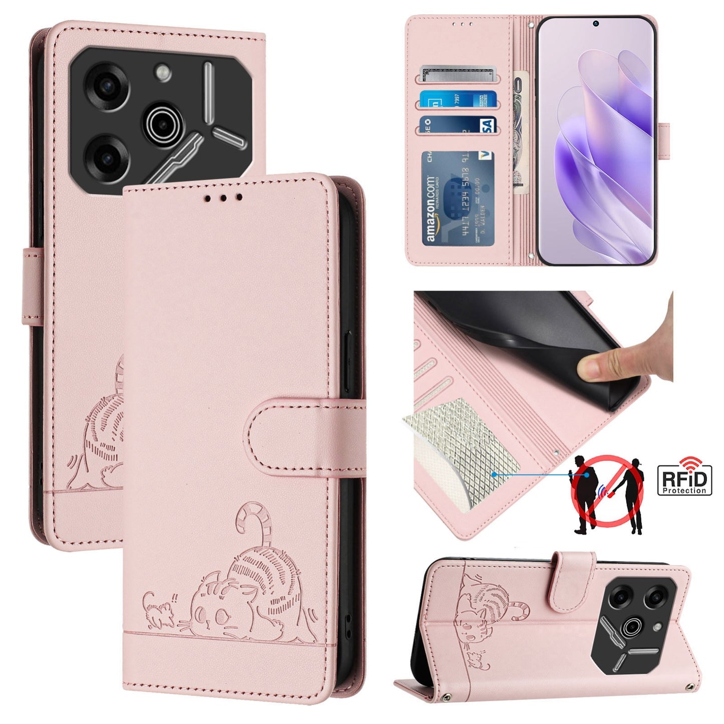 Tecno Pova 6 Pro li9 Cat and Rat Embossed Pattern, RFID Leather Phone Case with Lanyard, Kickstand, and Wallet Features