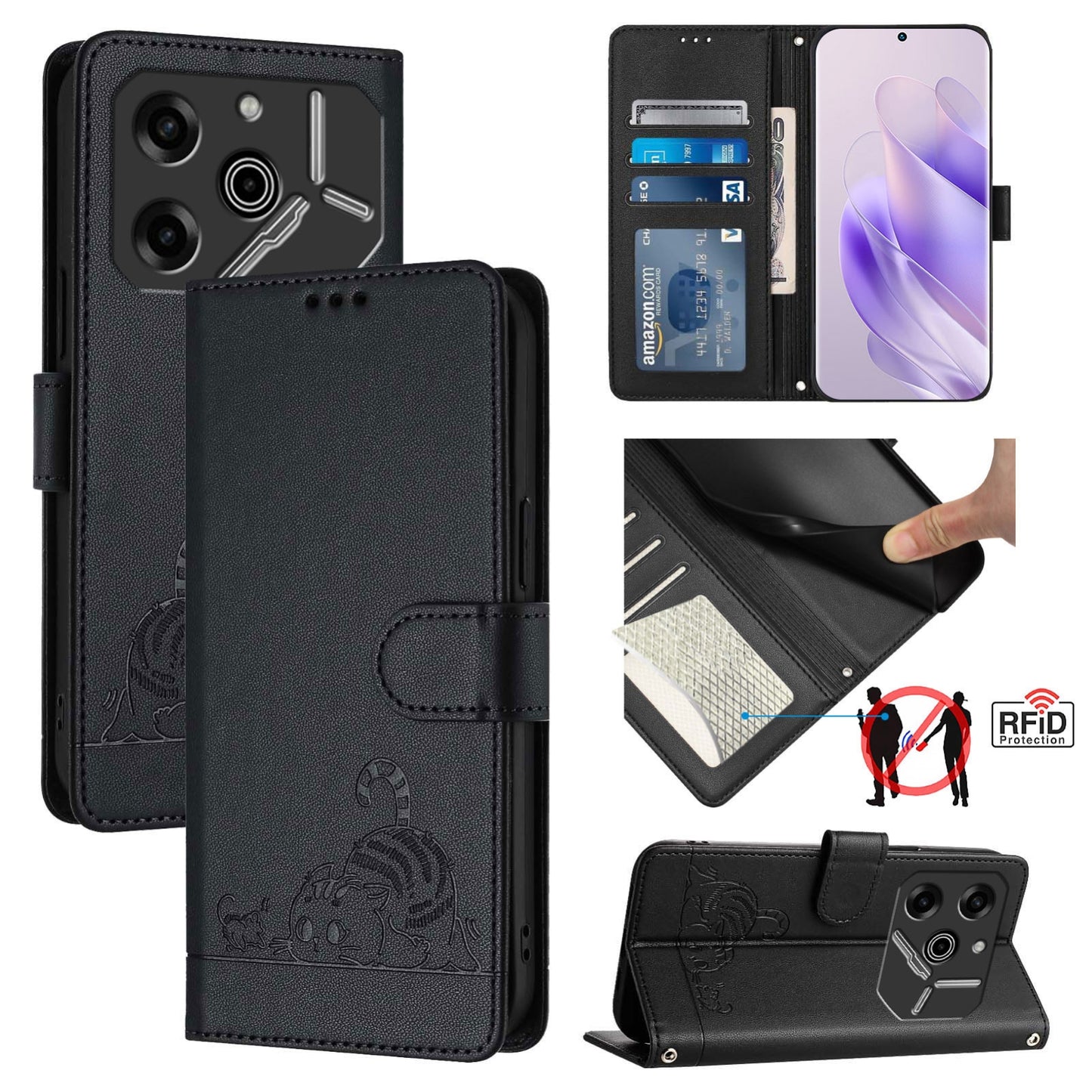 Tecno Pova 6 Pro li9 Cat and Rat Embossed Pattern, RFID Leather Phone Case with Lanyard, Kickstand, and Wallet Features