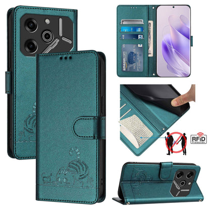 Tecno Pova 6 Pro li9 Cat and Rat Embossed Pattern, RFID Leather Phone Case with Lanyard, Kickstand, and Wallet Features