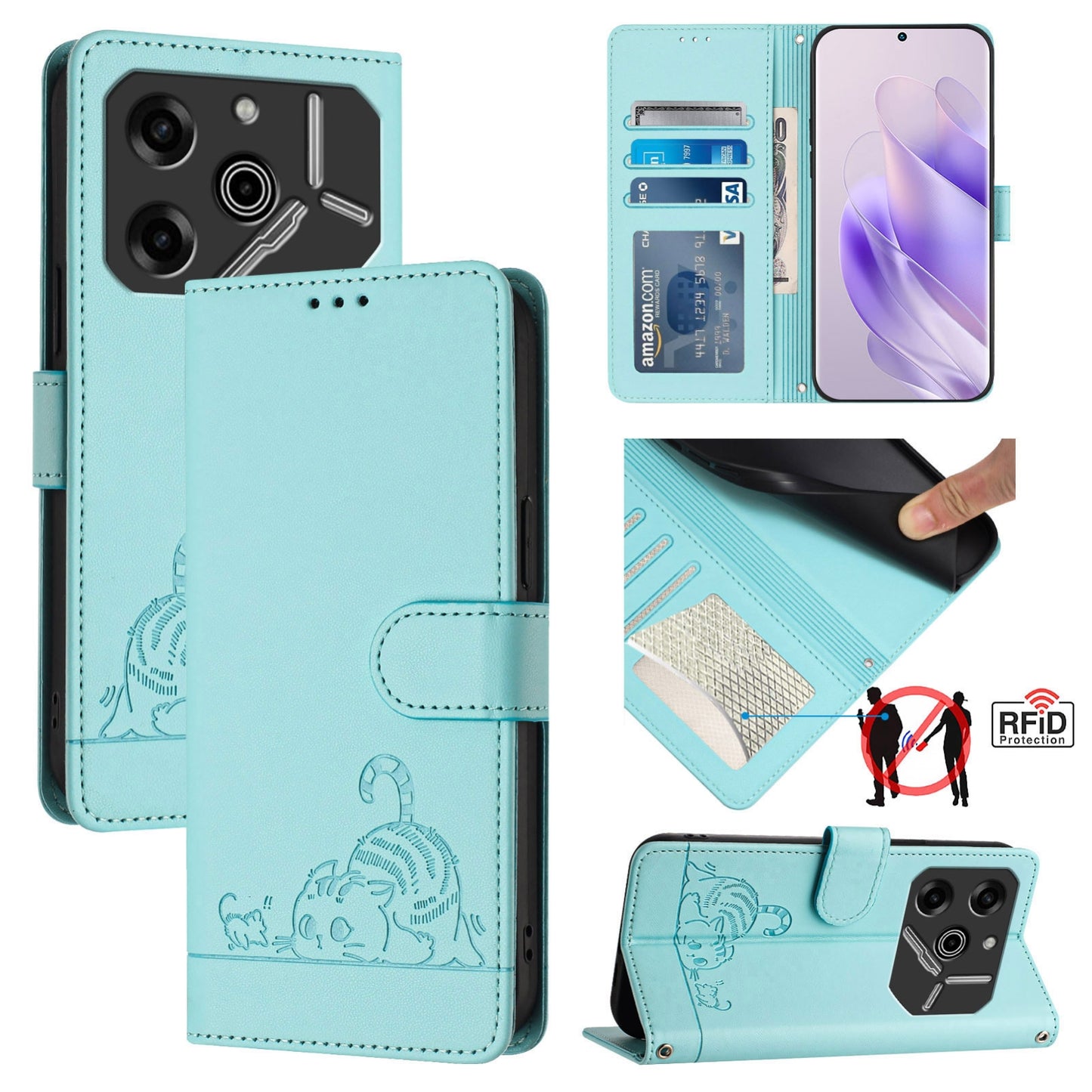 Tecno Pova 6 5G Cat and Rat Embossed Pattern, RFID Leather Phone Case with Lanyard, Kickstand, and Wallet Features