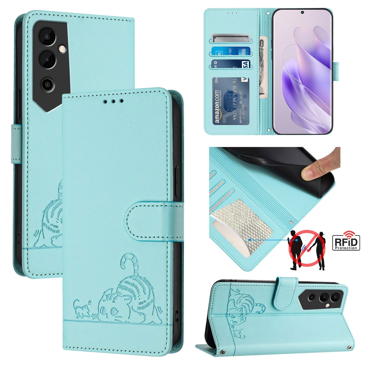 Tecno Pova NEO 2 Cat and Rat Embossed Pattern, RFID Leather Phone Case with Lanyard, Kickstand, and Wallet Features