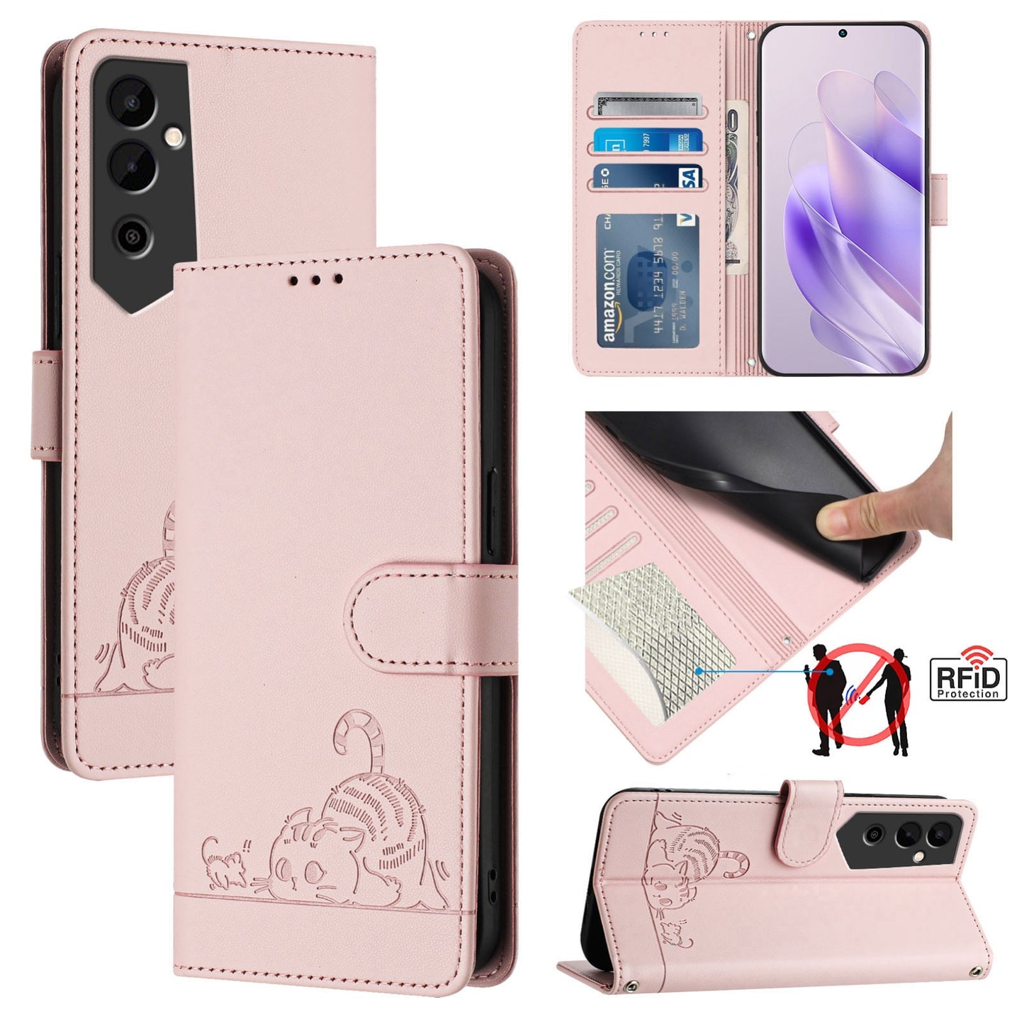 Tecno Pova NEO 2 Cat and Rat Embossed Pattern, RFID Leather Phone Case with Lanyard, Kickstand, and Wallet Features