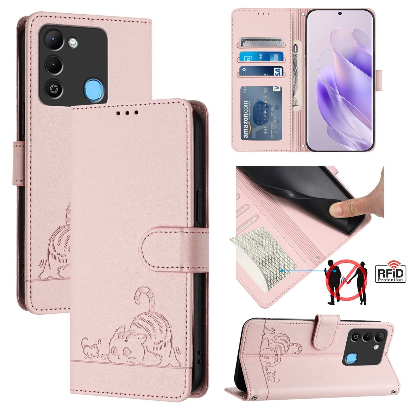 Tecno Spark 9 Cat and Rat Embossed Pattern, RFID Leather Phone Case with Lanyard, Kickstand, and Wallet Features