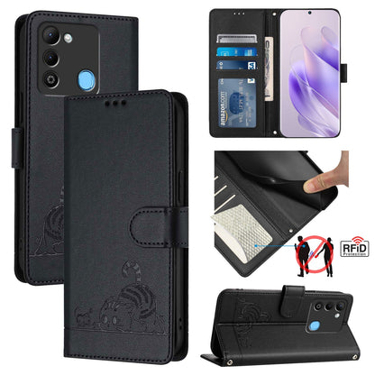 Tecno Spark 9 Cat and Rat Embossed Pattern, RFID Leather Phone Case with Lanyard, Kickstand, and Wallet Features