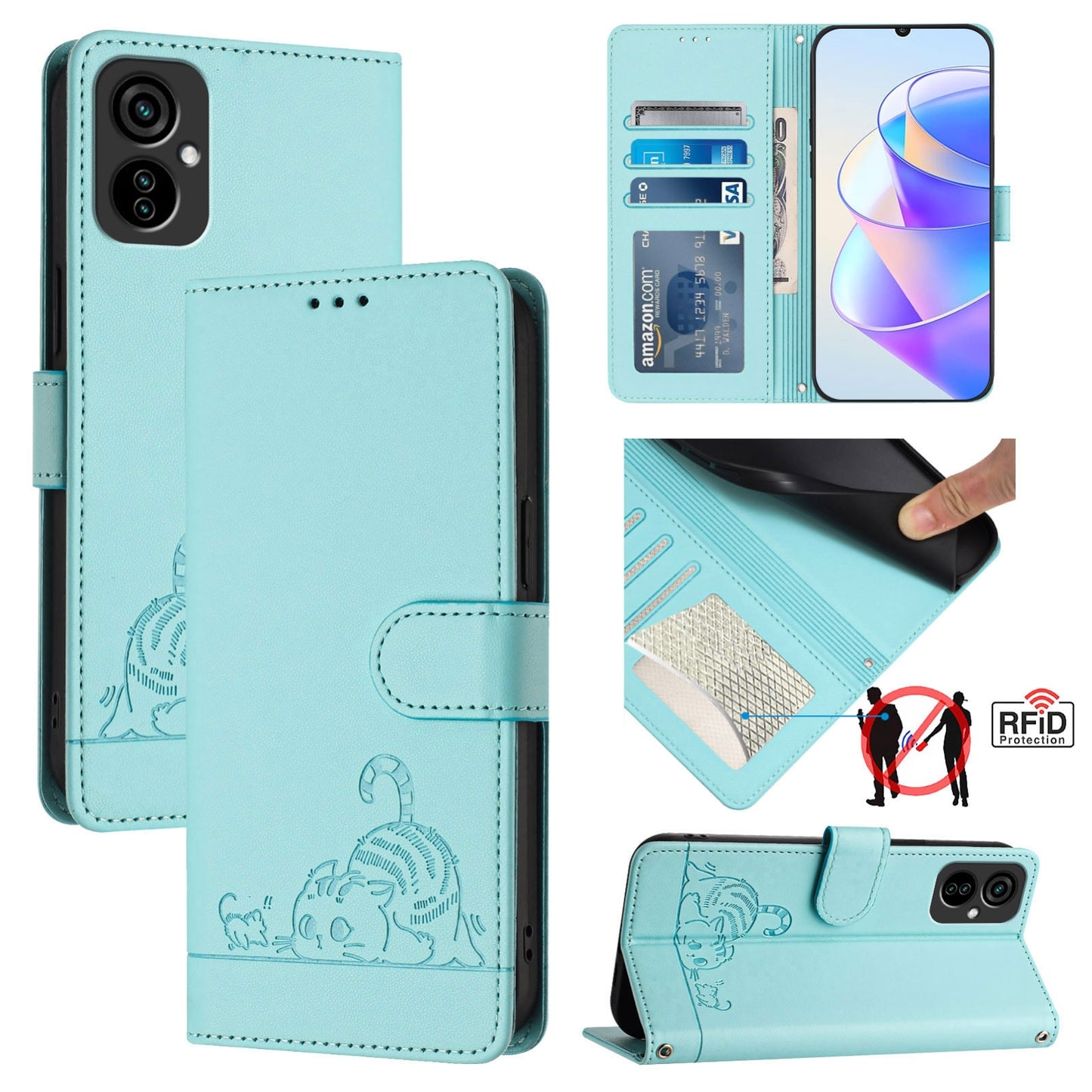 Tecno Spark 9 Pro Cat and Rat Embossed Pattern, RFID Leather Phone Case with Lanyard, Kickstand, and Wallet Features