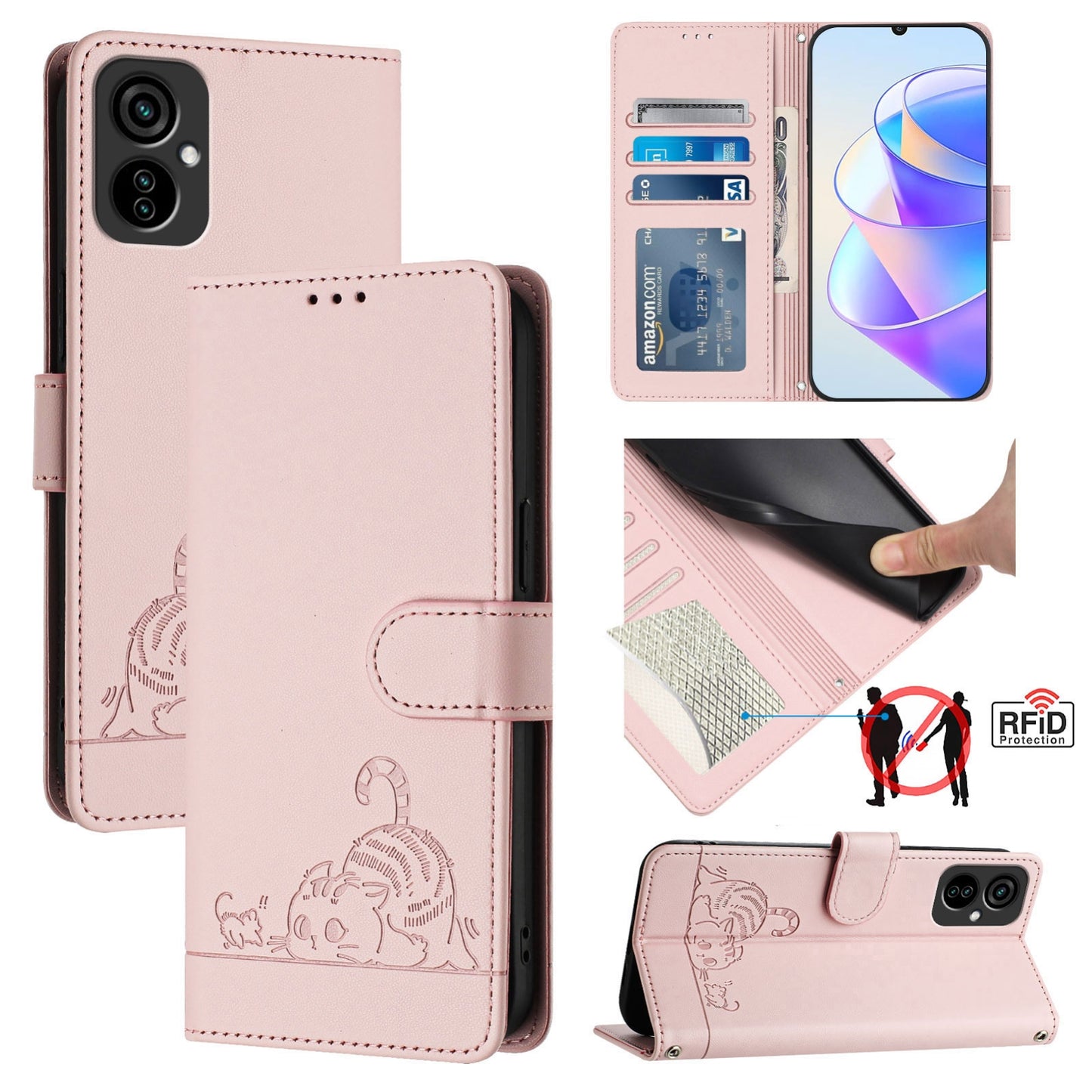 Tecno Spark 9 Pro Cat and Rat Embossed Pattern, RFID Leather Phone Case with Lanyard, Kickstand, and Wallet Features