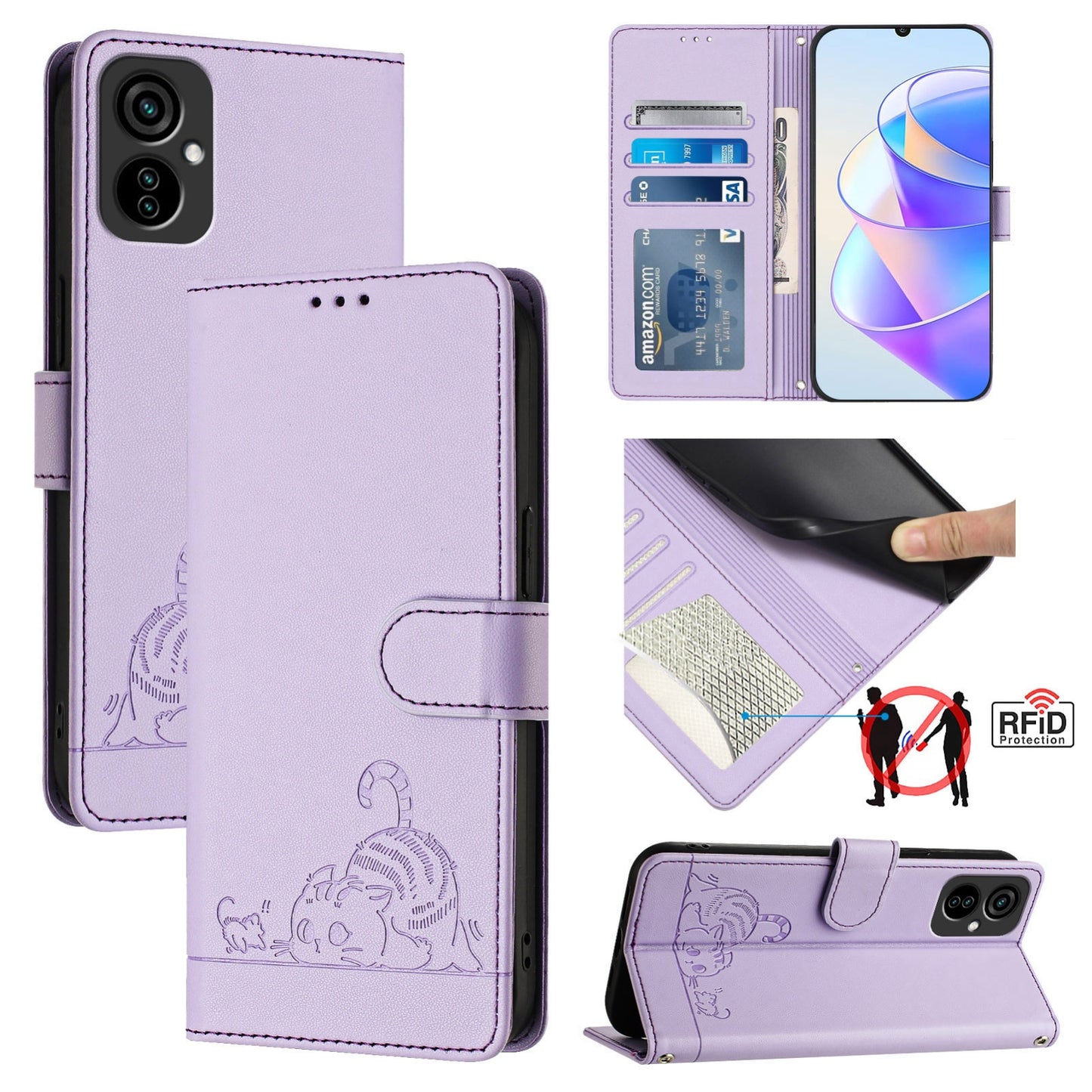 Tecno Spark 9 Pro Cat and Rat Embossed Pattern, RFID Leather Phone Case with Lanyard, Kickstand, and Wallet Features