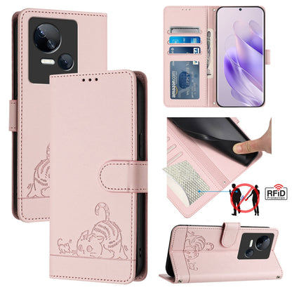 Tecno Spark 10 5G Cat and Rat Embossed Pattern, RFID Leather Phone Case with Lanyard, Kickstand, and Wallet Features