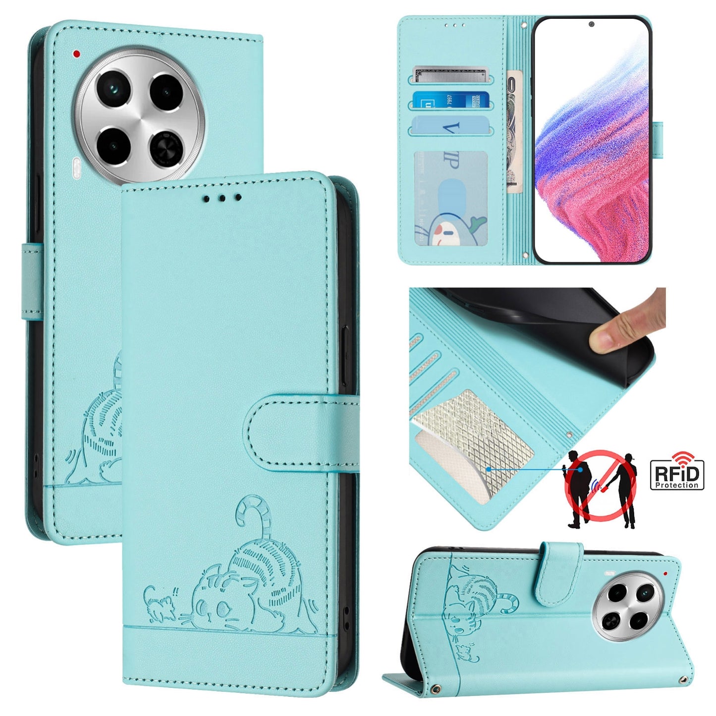 Tecno Camon 30 5G Cat and Rat Embossed Pattern, RFID Leather Phone Case with Lanyard, Kickstand, and Wallet Features