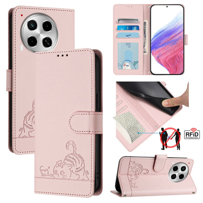 Tecno Camon 30 5G Cat and Rat Embossed Pattern, RFID Leather Phone Case with Lanyard, Kickstand, and Wallet Features